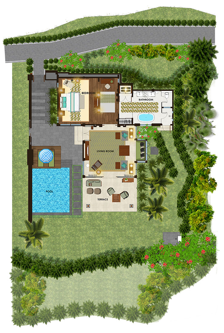 one bedroom  ocean pool villa layout